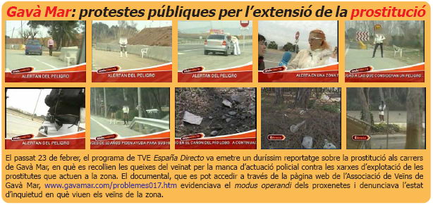 Noticia publicada en el número 34 de la publicación L'ERAMPRUNYÀ sobre el video emitido en TVE sobre la prostitución en Gavà Mar (Marzo de 2007)